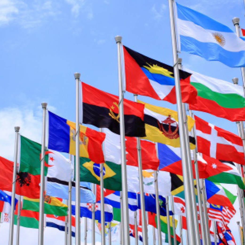 Many international flags on flag poles